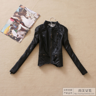 2012 autumn women's handsome little stand collar fashion short design slim motorcycle leather clothing leather jacket 2