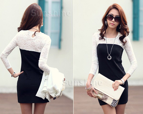 2012 Autumn Women's Lace Patchwork Slim Long-Sleeve Dress Free shipping EE-004