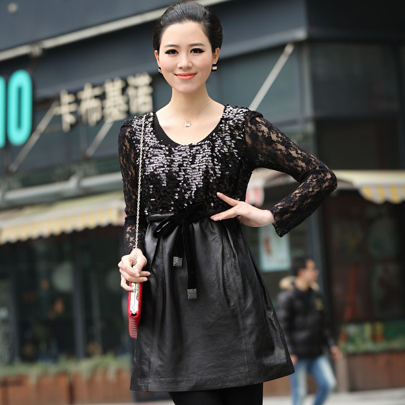 2012 autumn women's leather clothing female genuine leather sleeveless vest slim one-piece dress sheepskin free shipping