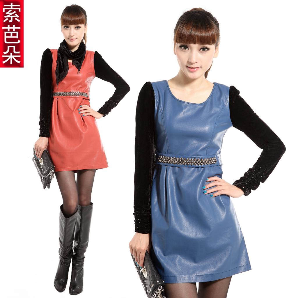 2012 autumn women's leather clothing PU skirt scarf long-sleeve autumn and winter one-piece dress 8815