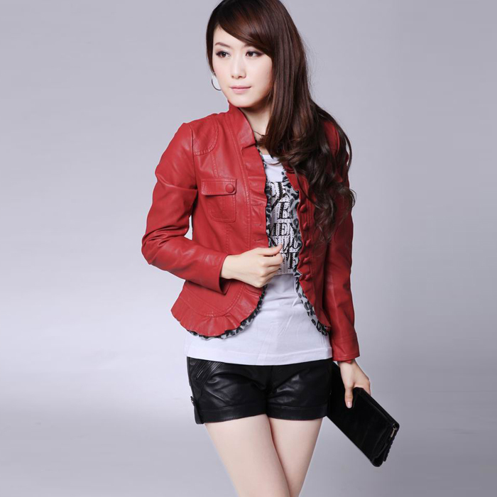 2012 autumn women's leather clothing stand collar slim outerwear female leather jacket coat