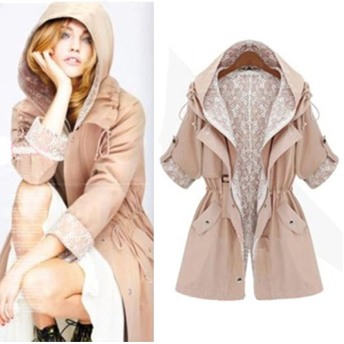 2012 autumn women's lining lace vintage loose long design trench hooded outerwear