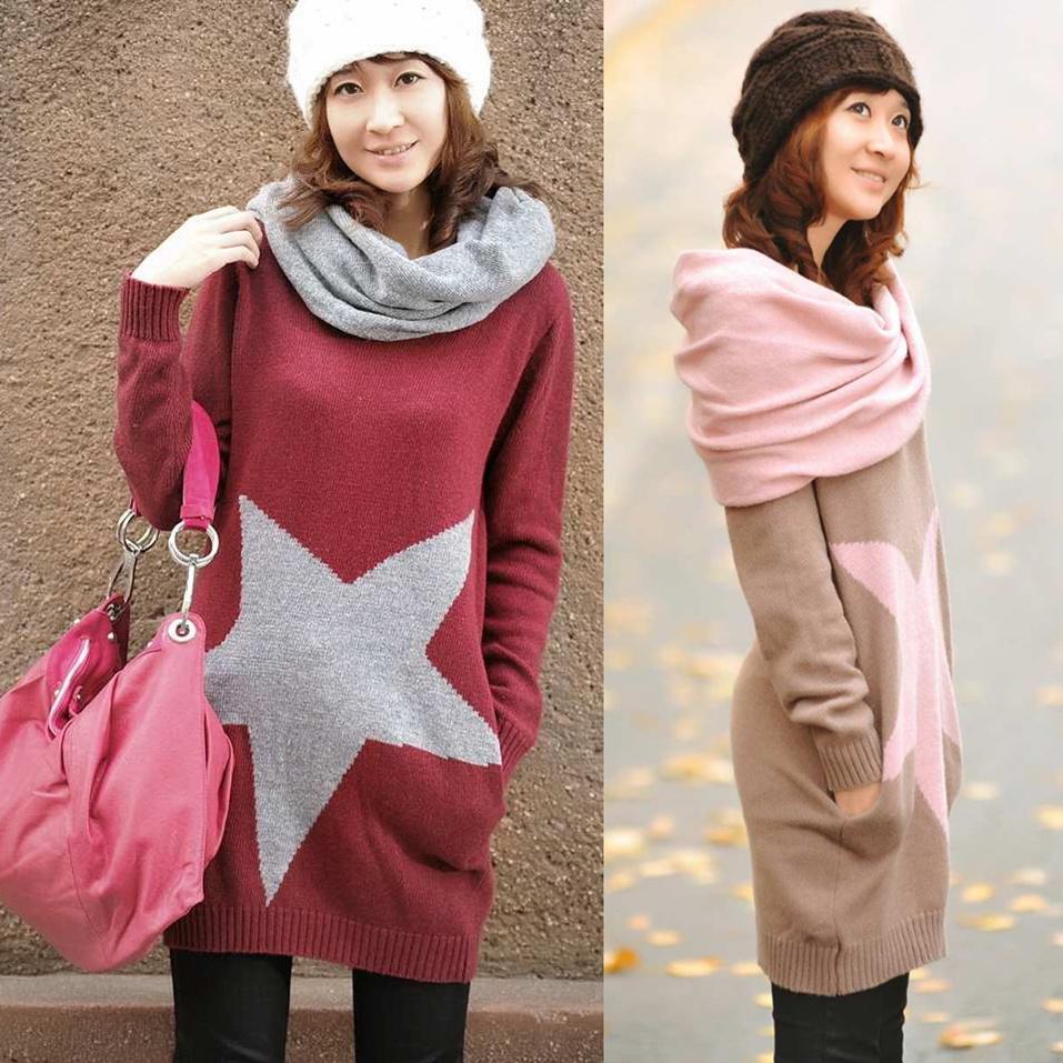 2012 autumn women's long-sleeve outerwear medium-long slim five-pointed star sweater muffler scarf