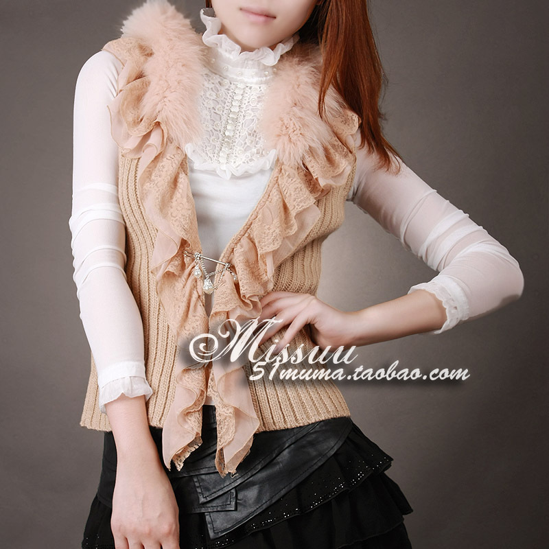 2012 autumn women's luxury fur lace ruffle collar coarse bar woven vest sweater