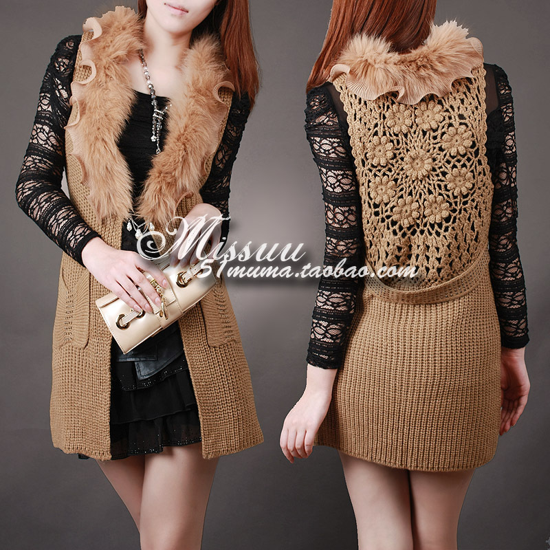 2012 autumn women's luxury fur ruffle collar behind cutout long design woven vest sweater