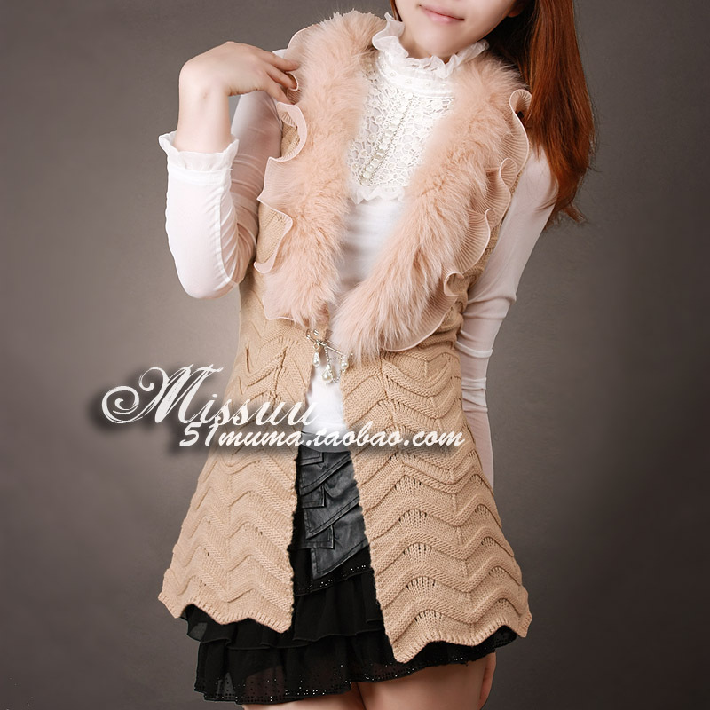 2012 autumn women's luxury fur ruffle collar slim long design slanting stripe woven vest sweater