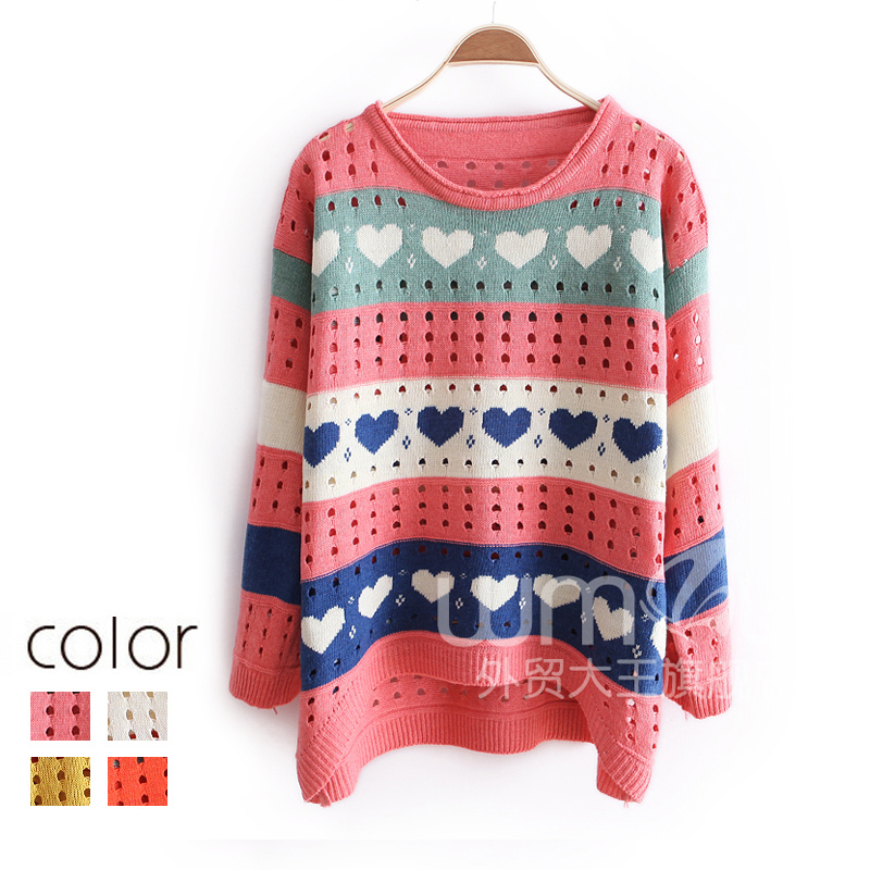 2012 autumn women's multicolour stripe print love cutout o-neck fashion sweater wx934