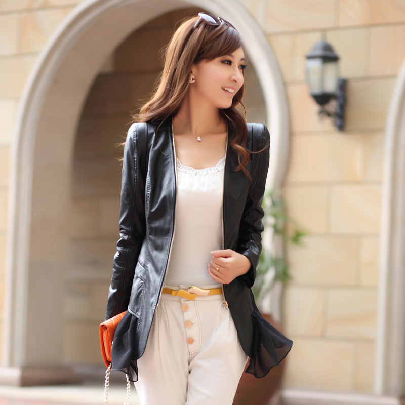 2012 autumn women's new arrival fashion normic patchwork chiffon irregular water washed leather clothing female slim leather