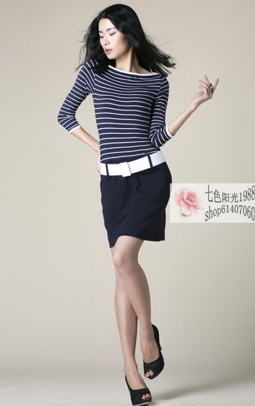 2012 autumn women's ocean blue venus stretch cotton stripe slit neckline one-piece dress belt