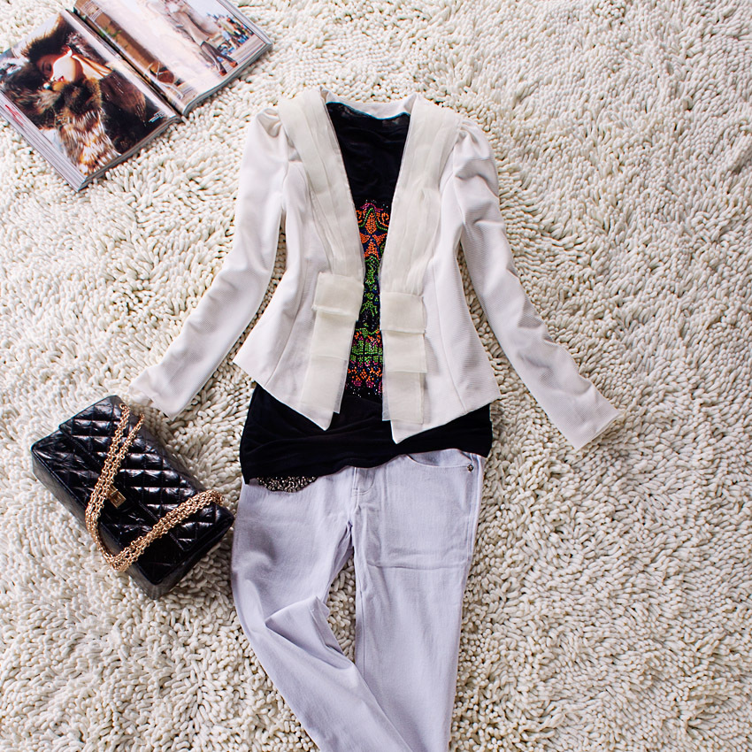 2012 autumn women's OL outfit pleated stripe suit white casual coat free shipping