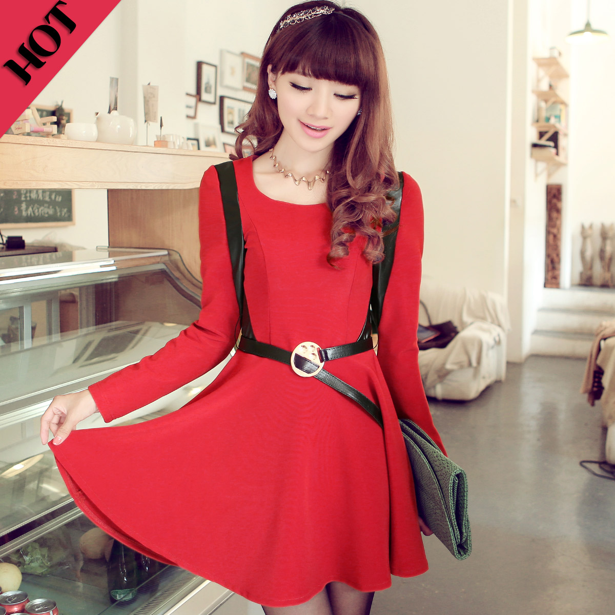 2012 autumn women's one-piece dress ol slim leather long-sleeve knitted fashion one-piece dress female