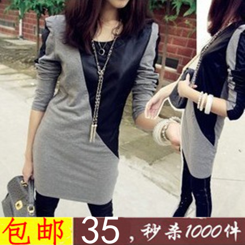 2012 autumn women's patchwork leather small slim long design basic shirt long-sleeve T-shirt