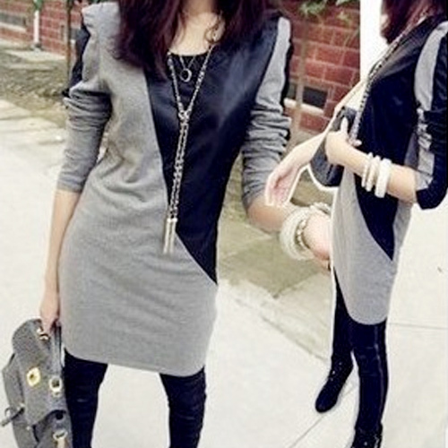 2012 autumn women's patchwork leather small slim long design basic shirt long-sleeve T-shirt free shipping