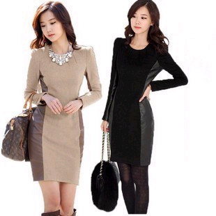 2012 autumn women's plus size leather skirt ol elegant long-sleeve dress slim