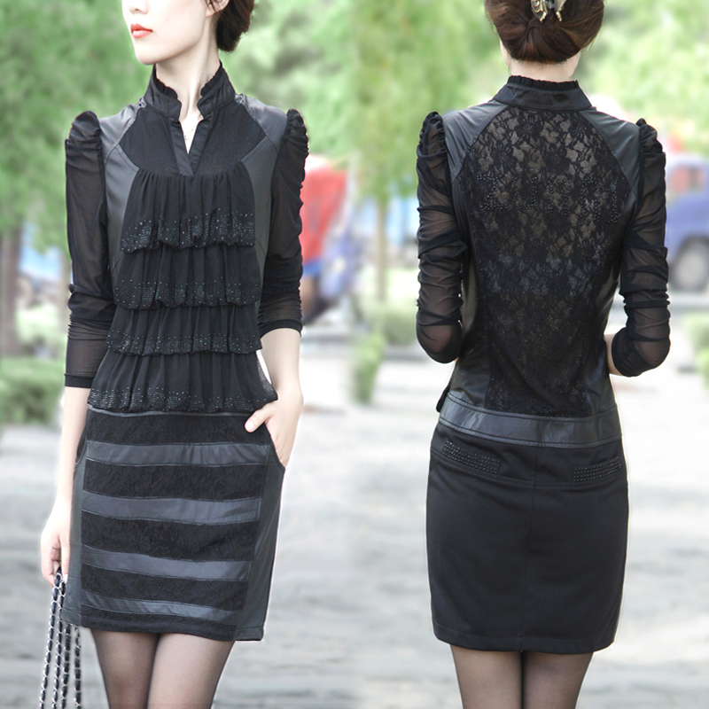 2012 autumn women's plus size leather skirt slim hip PU patchwork slim long-sleeve lace one-piece dress