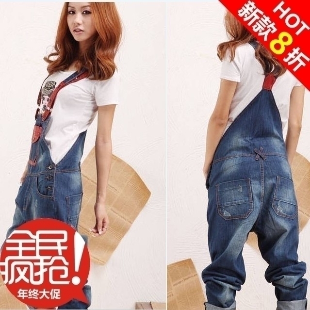 2012 autumn women's plus size trousers hole jeans denim bib pants denim trousers