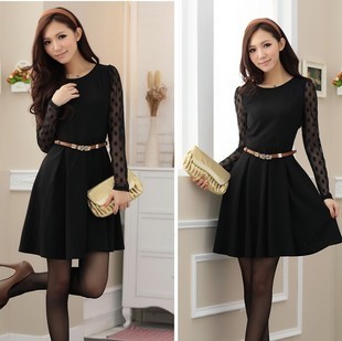 2012 autumn women's polka dot sweet vintage long-sleeve lace one-piece dress mm plus size