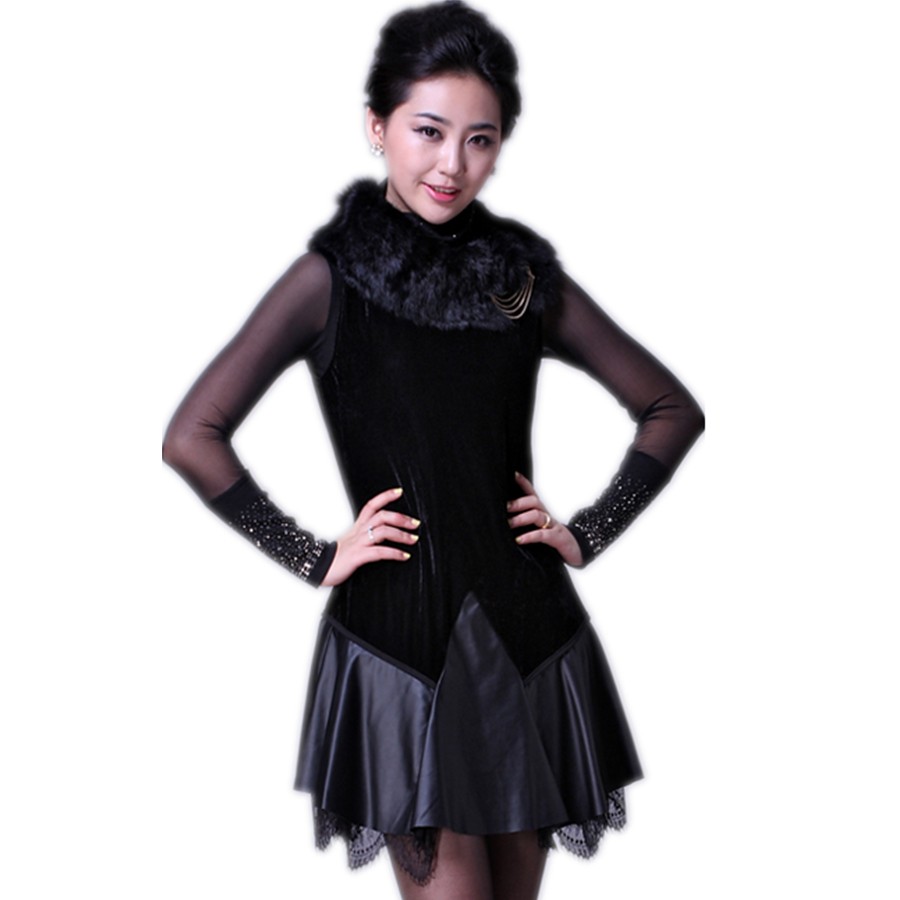 2012 autumn women's quality rabbit fur lace brooch black leather skirt tank dress one-piece dress