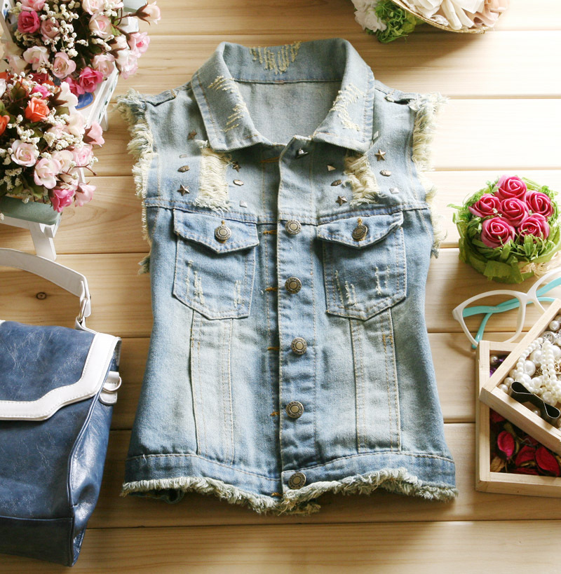 2012 autumn women's rivet water wash retro finishing motorcycle short design denim vest vest