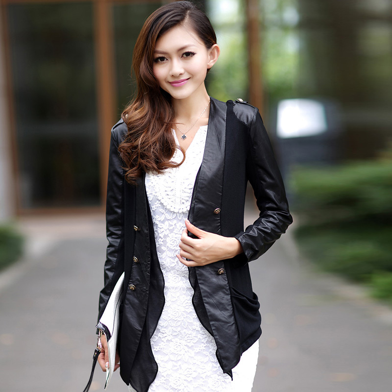 2012 autumn women's slim long design coat V-neck PU knitted patchwork thin long-sleeve outerwear