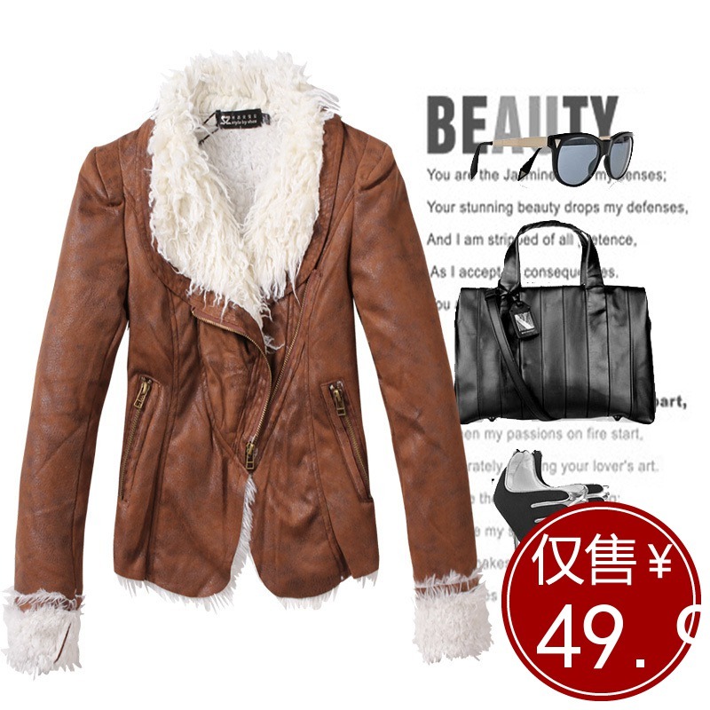 2012 autumn women's slim long-sleeve outerwear large lapel motorcycle jacket female berber fleece leather clothing