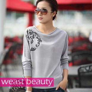 2012 autumn women's slit neckline embroidered chinese style long-sleeve basic sweater female