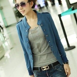 2012 autumn women's solid color stand collar epaulette double breasted casual short jacket female