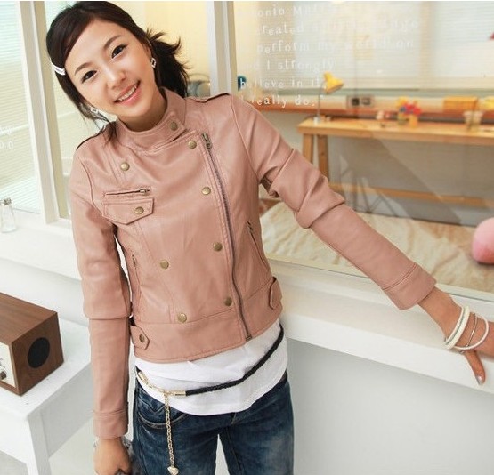 2012 autumn women's stand collar slim leather clothing solid color jacket coat