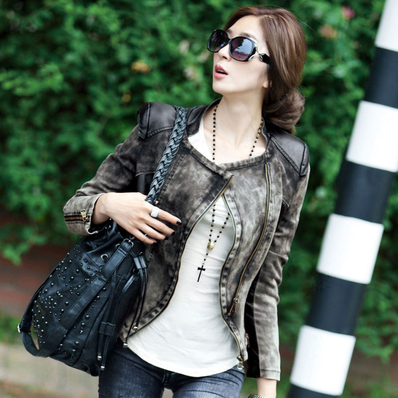 2012 autumn women's street slim leather clothing patchwork denim women's coat s025