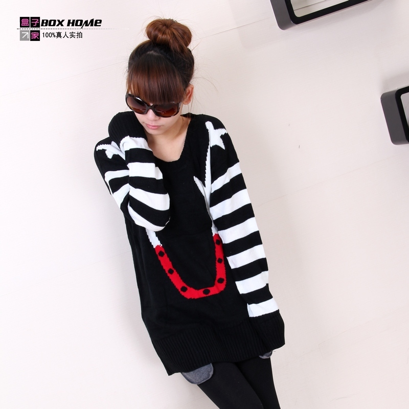 2012 autumn women's stripe patchwork onta sweater batwing shirt loose medium-long sweater