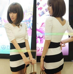 2012 autumn women's stripe patchwork slim V-neck puff sleeve one-piece dress