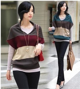 2012 autumn women's sweet knitted Kells stripe batwing shirt loose plus size knitted outerwear