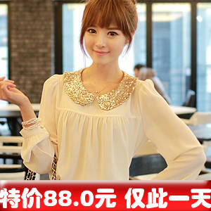 2012 autumn women's sweet paillette chiffon shirt top