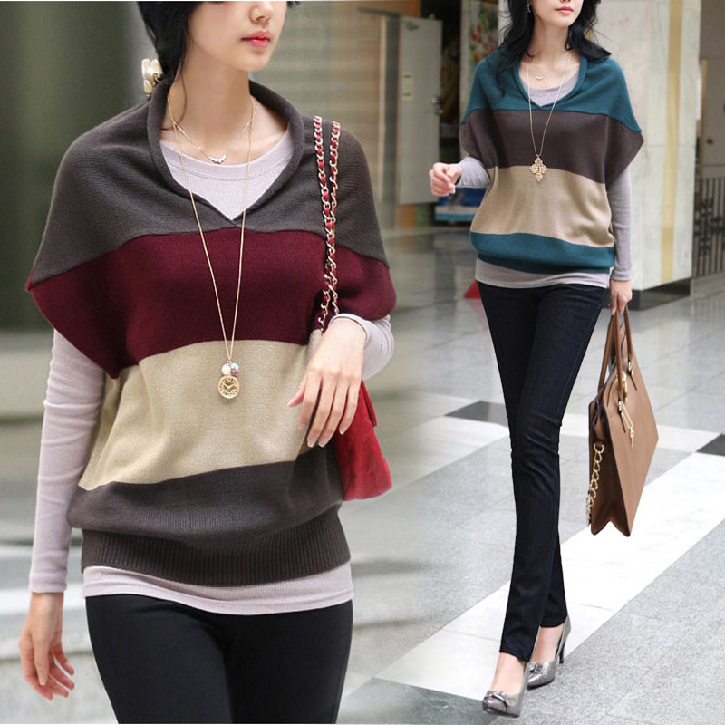 2012 autumn women's sweet V-neck Kells stripe batwing shirt loose plus size knitted outerwear vest