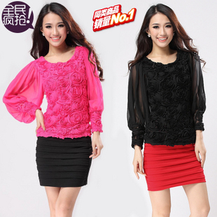 2012 autumn women's top gauze long-sleeve lace chiffon   three-dimensional rose t-shirt