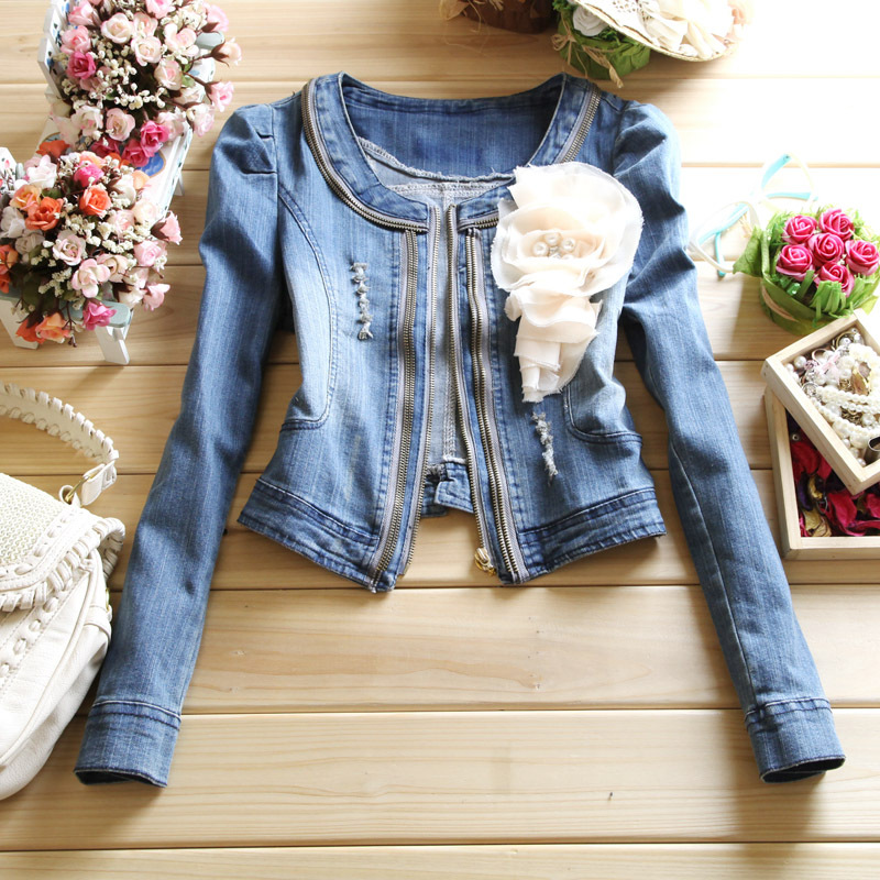 2012 autumn women's water wash distrressed slim zipper short design denim outerwear top corsage