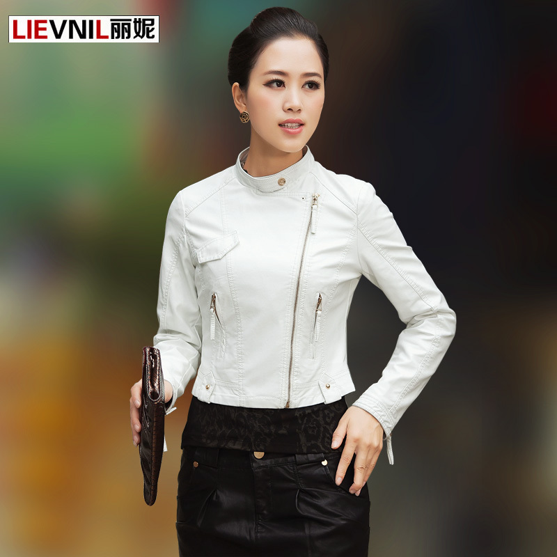 2012 autumn women's white stand collar small leather clothing short design slim water washed leather outerwear female