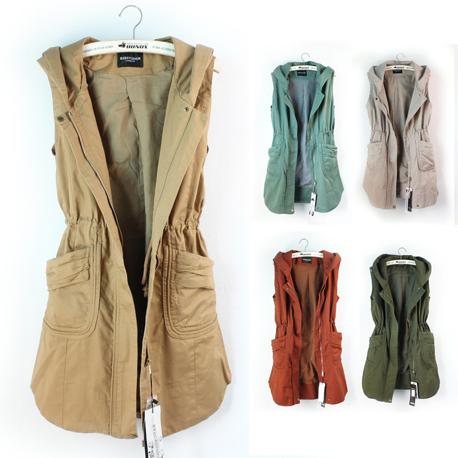 2012 autumn women's zipper hooded vest plus size loose full cotton vest long design waistcoat slim waist