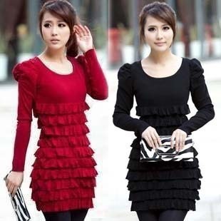 2012 autumn wool sweater puff sleeve basic shirt long-sleeve dress slim low o-neck layered dress