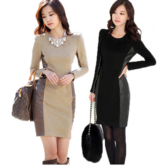 2012 autumn woolen skirt one-piece wool cashmere leather skirt basic skirt slim hip slim plus size one-piece dress