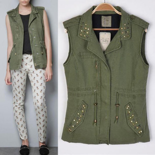 2012 autumn za Army Green collar rivet drawstring slim waist sleeveless vest & brand jacket