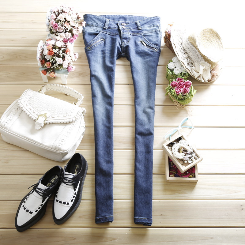 2012 autumn zipper jeans pants water wash reminisced low-waist elastic skinny pants