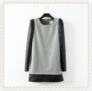 2012 ayomi autumn and winter woolen one-piece dress patchwork leather all-match long-sleeve dress 8212