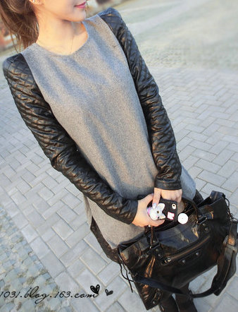 2012 ayomi autumn and winter woolen one-piece dress patchwork leather long-sleeve dress