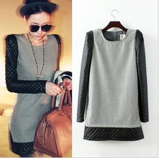 2012 ayomi autumn and winter woolen patchwork leather one-piece dress long-sleeve dress women 8212