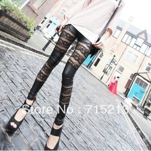 2012 basic legging high quality patchwork lace faux leather horizontal stripe