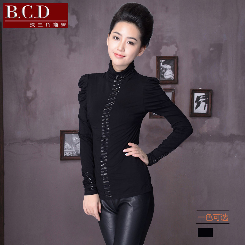 2012 basic shirt rhinestones turtleneck sweaters black elastic slim elastic