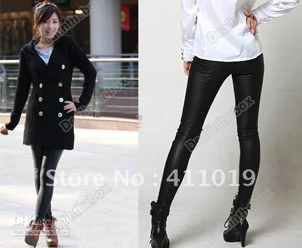 2012 beautiful New Sexy Black Wet Look Faux Leather Leggings Treggings Pants Shiny Tights Stretch Comfortable 5pcs