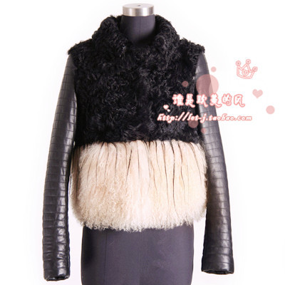 2012 berber fleece beach wool patchwork sheepskin leather clothing outerwear slim waist fur overcoat female