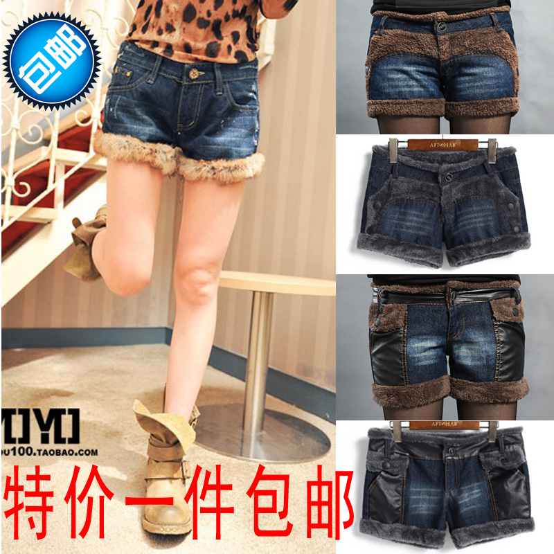 2012 berber fleece denim shorts plus size loose woolen boot cut jeans female